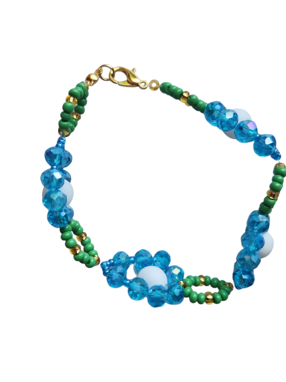 Blue and Green Beaded Floral Bracelet With Jade Center Stones - Picture 2 of 3